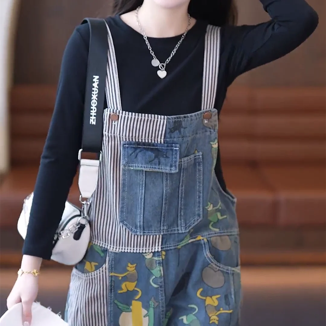 6498 Cartoon Print Vintage Jumpsuits Women's Summer Fashion Striped Patchwork Multi Pockets Overalls Pants Casual Loose Trousers