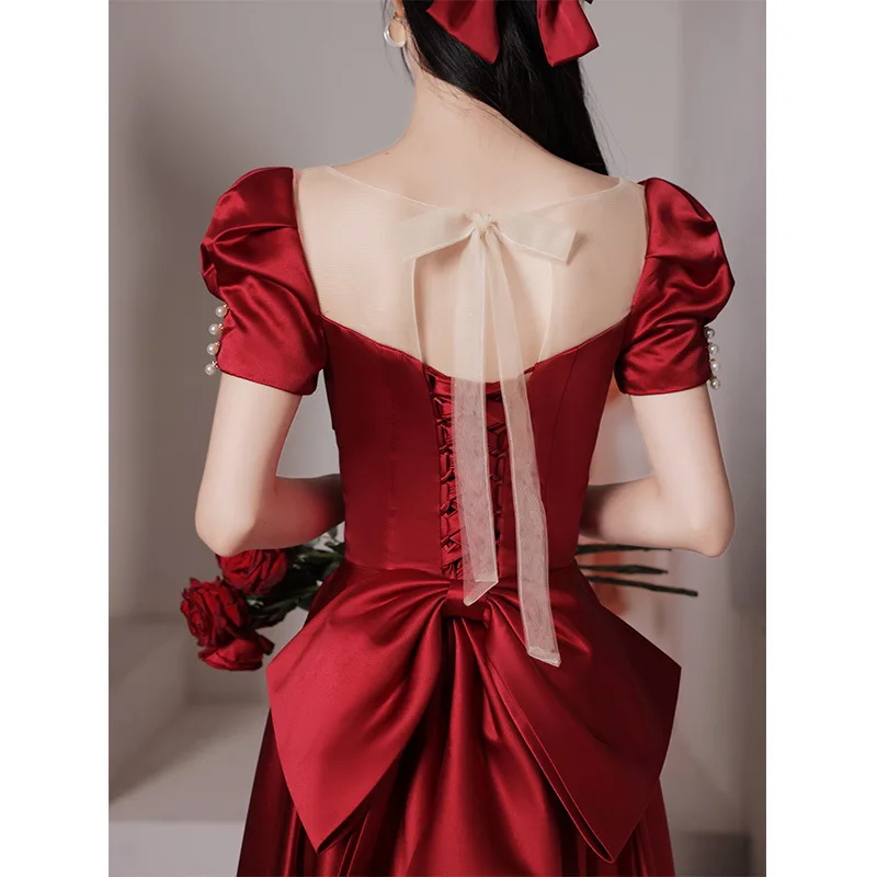 New Wine Red Evening Dresses Elegant Dress Women For Wedding Party Luxury Satin Square Neck Short Sleeve Back Bow Decorated