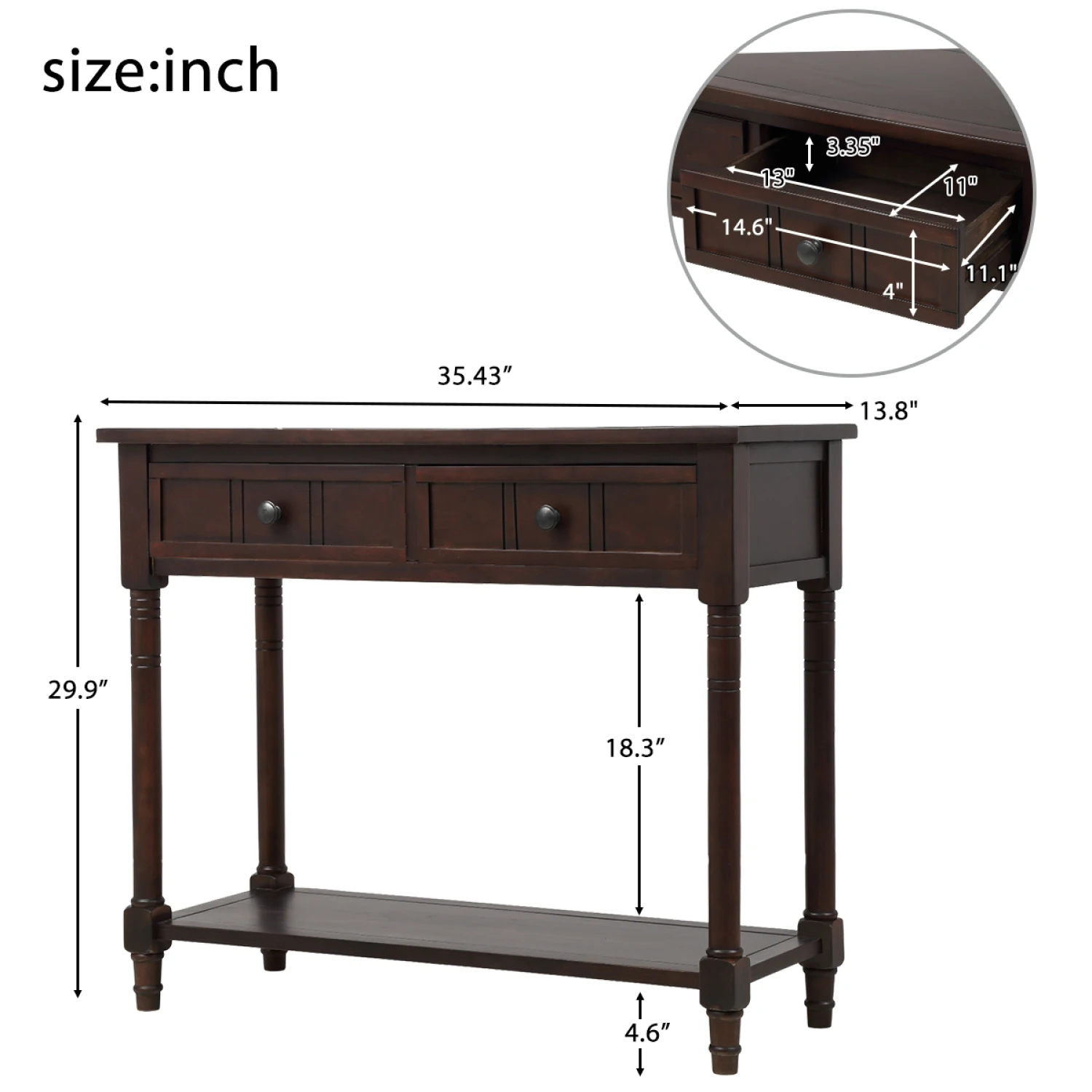 TREXM Daisy Series Console Table Traditional Design with Two Drawers and Bottom Shelf (Espresso)