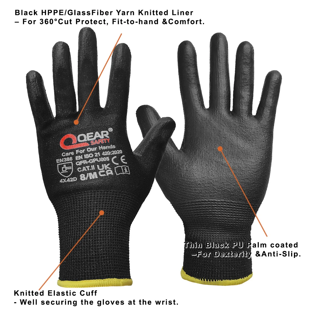 Black Cut Level D Protect General Work Safety Gloves, Thin PU Palm And Fingertips Coated, Dexterity, Grip, Breathable