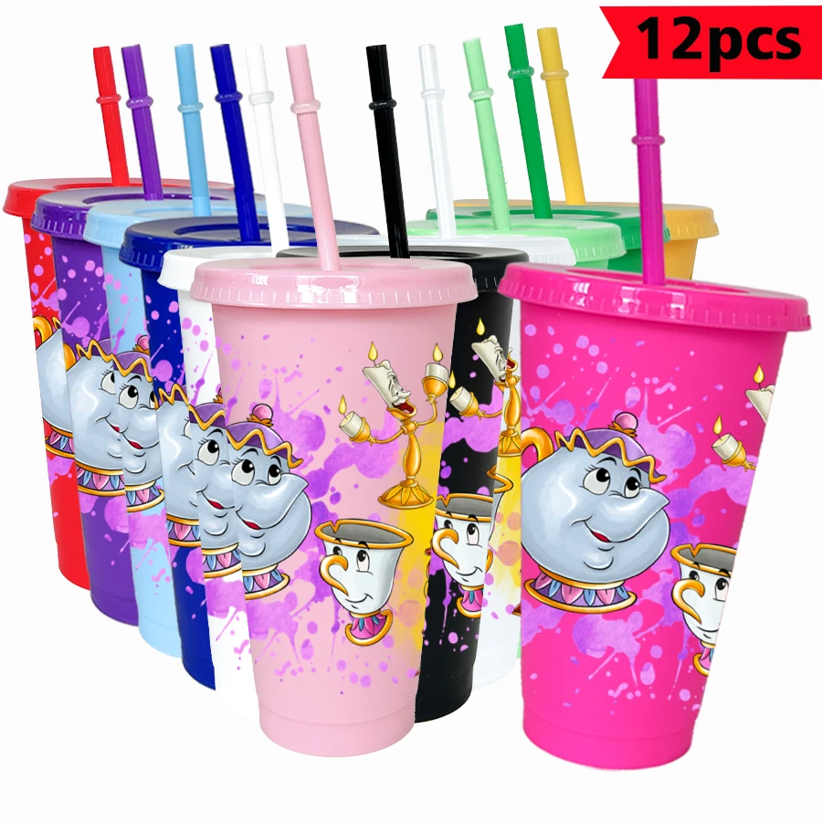 

12 Pieces/bag Disney Teacup Candle Holder 26oz Colored Plastic Birthday Party Drinking Utensils Juice Coffee Cup