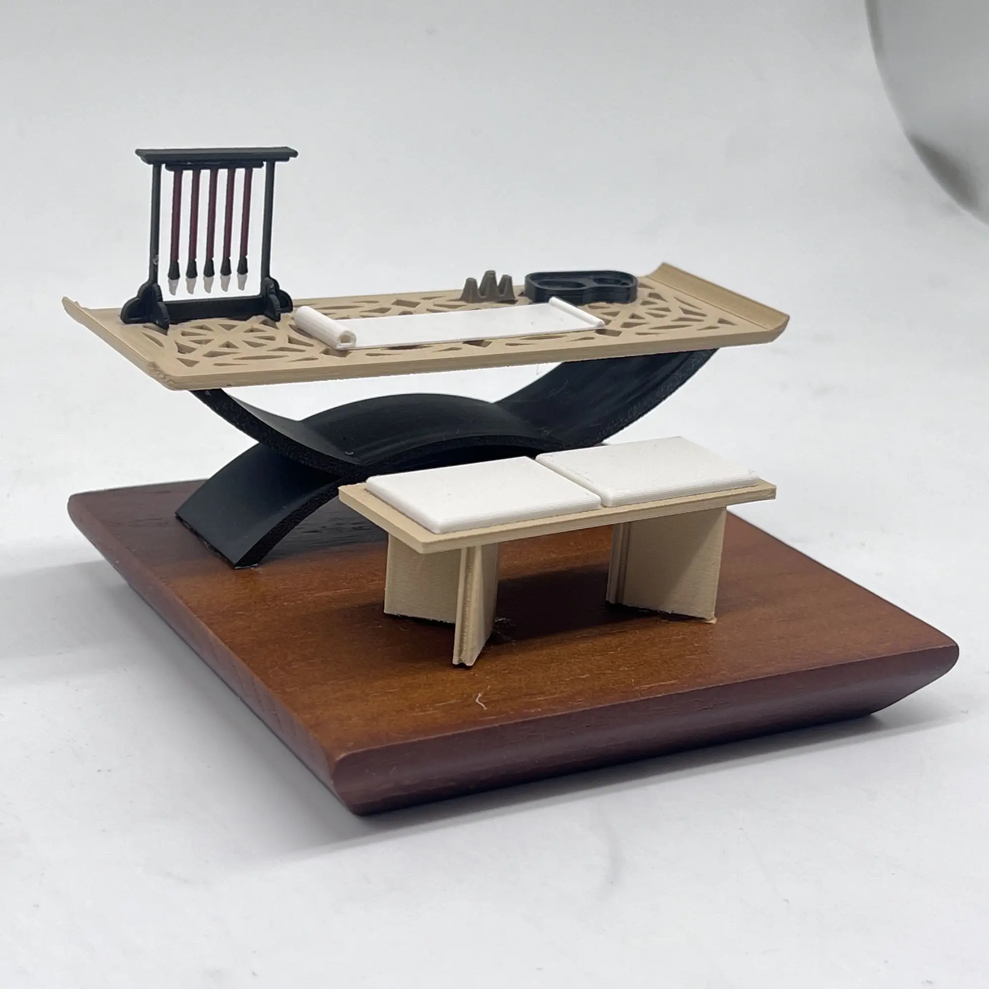 Ensemble de table console miniature de style chinois – Nouveau buffet de style chinois avec tabouret, modèle de bureau d'étudiant en bois avec accessoires