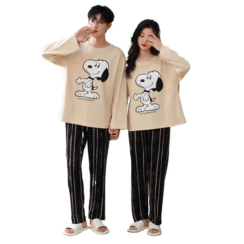 

Свободная новая пижама с рисунком Снупи, женская весенне-осенняя милая и универсальная круглая одежда для сна с воротником, вязаный хлопковый мужской зимний домашний костюм