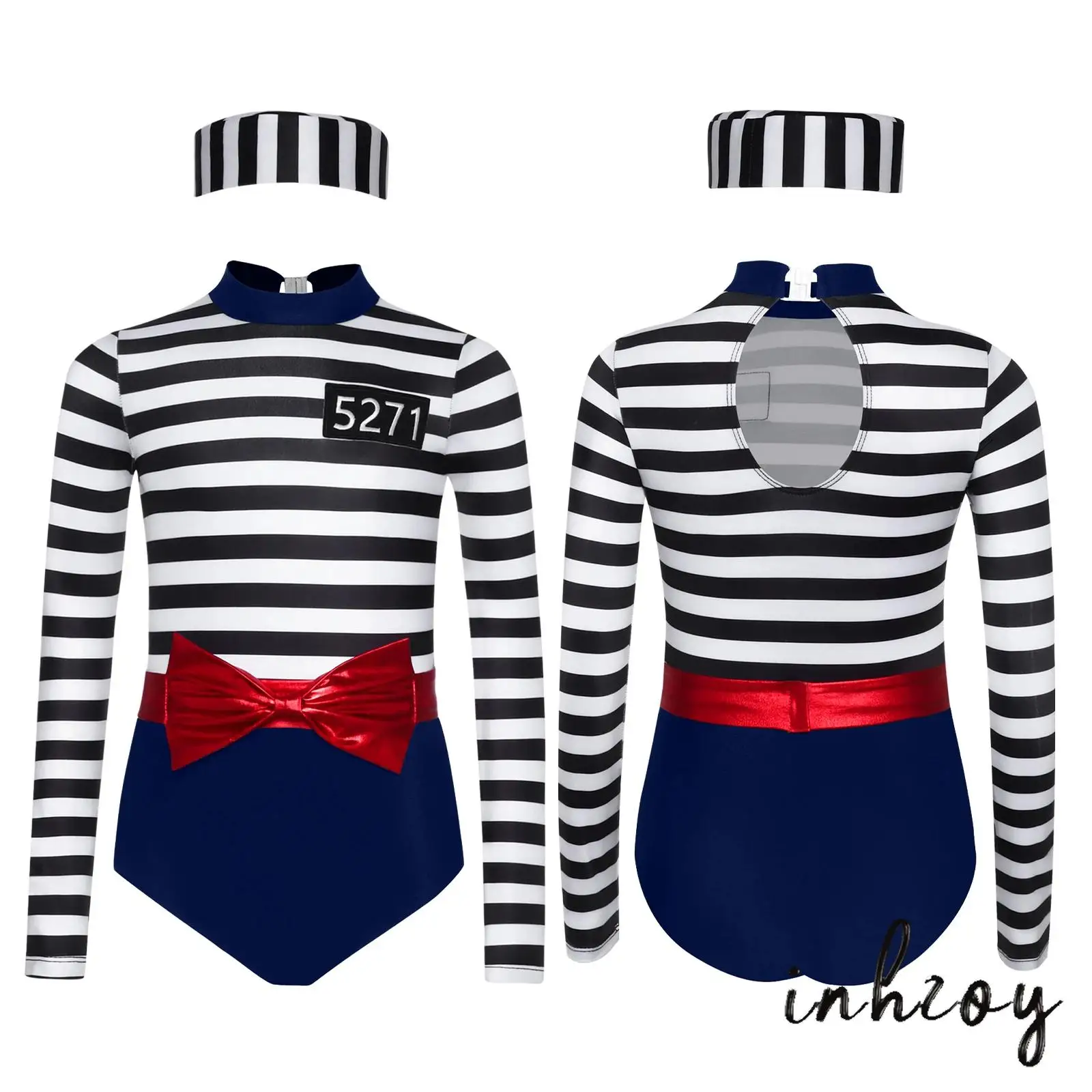 

Girls Striped Prisoner Outfit Long Sleeve Jumpsuit with Waist Bow And Cap for Pretend Play Roleplay Costume Party