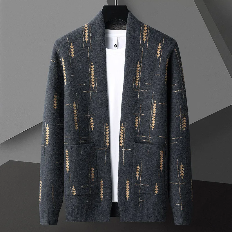 Fashion Color Contrast Cardigan Sweater Men Vintage Printing Cardigan Men Korean Autumn Winter Cardigan Coat Knit Khaki