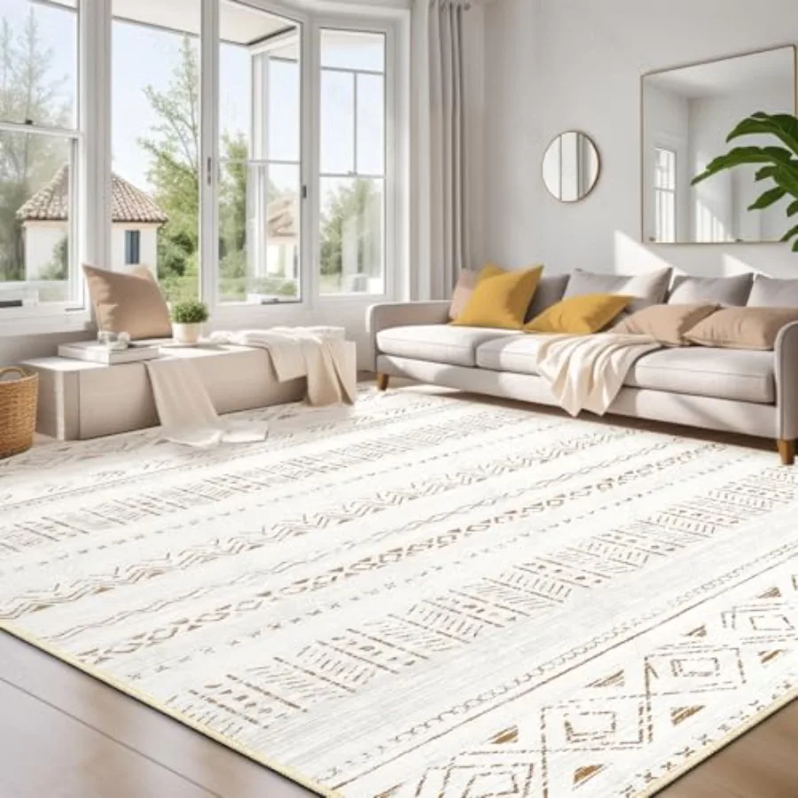 

Large Living Room Area Rug 10x14: Soft Machine Washable Boho Moroccan Farmhouse Rugs for Bedroom Under Dining Table NonSlip Neu