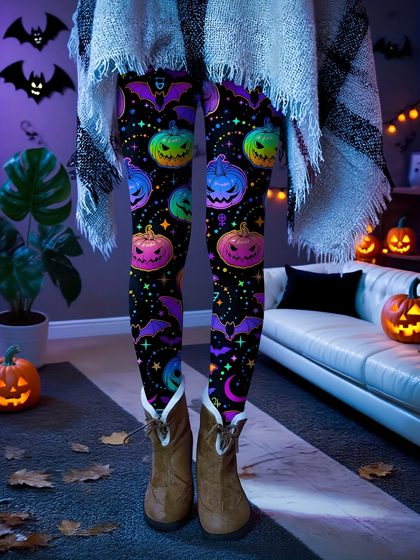 Women Mid‑Rise Fleece Lined Leggings Halloween Pumpkin Bat Print Slim Stretchy Warm Party Casual Pants