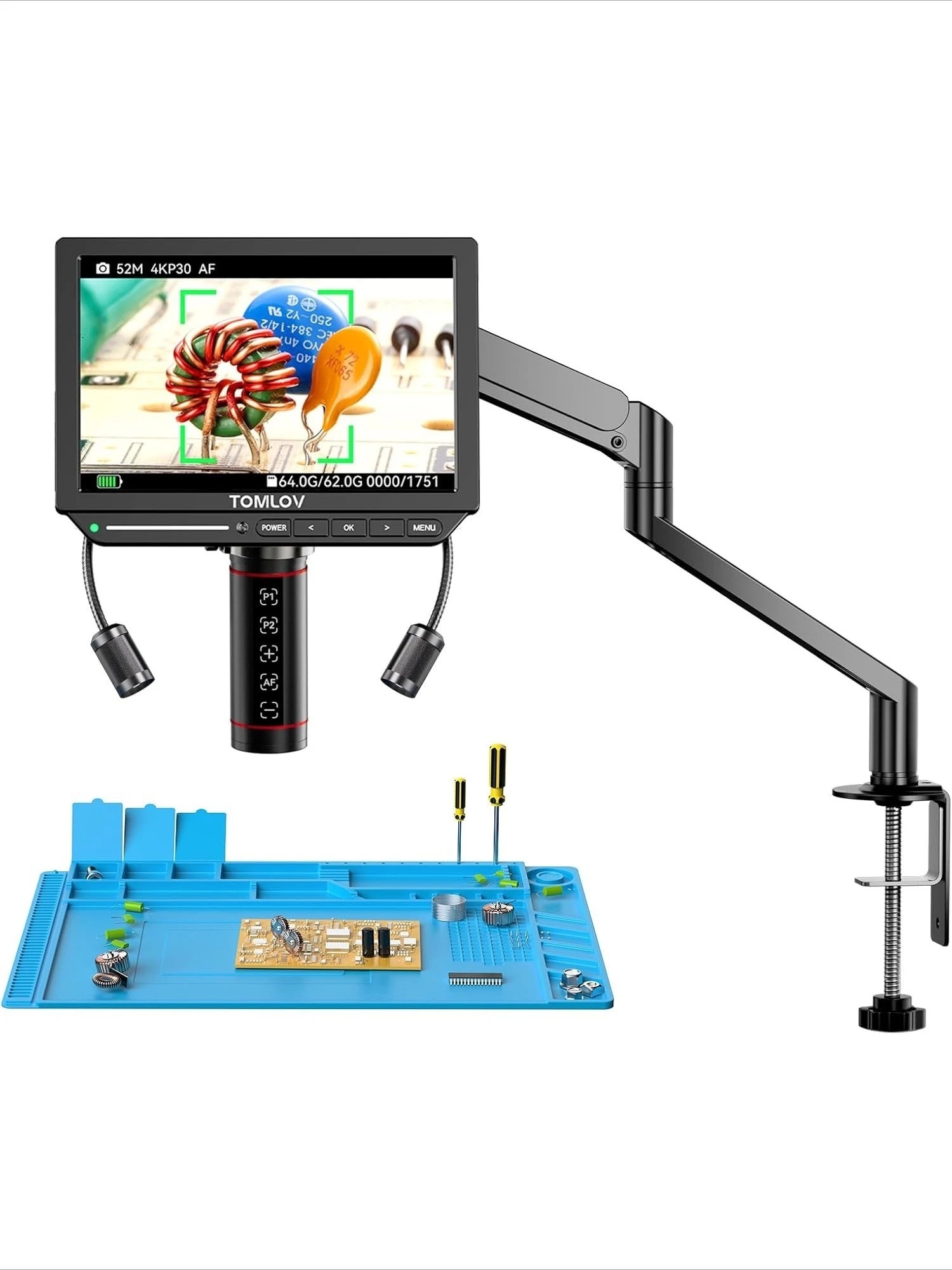 TOMLOV Autofokus 4K Digitalmikroskop 8 Zoll TM4K-AF Flexarm HDMI Löt-Mikroskop Seitenbeleuchtung Mikroskop für Elektronikreparatur