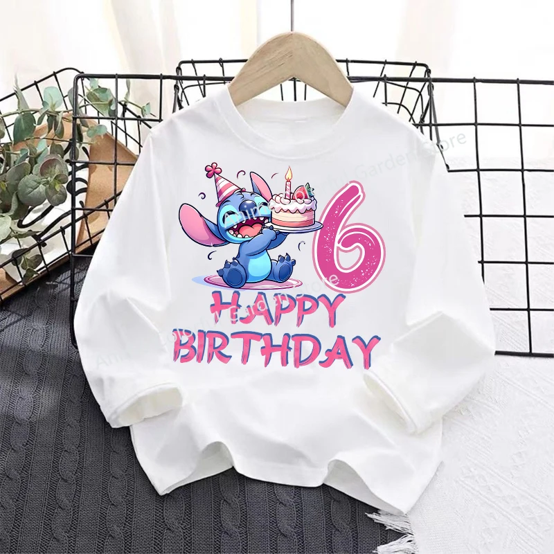 Disney Stitch Long Sleeved T-shirts for Children Anime Birthday Numbers Tops Boys Girls Autumn Fashion Base Shirt Kids Clothes