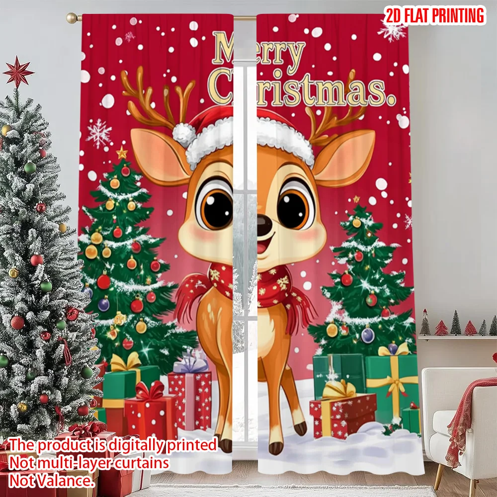 

2pcs 2D flat printing Merry Christmas Window Drapes Reindeer snowflakes Versatile Durable Polyester Without Electricity Party
