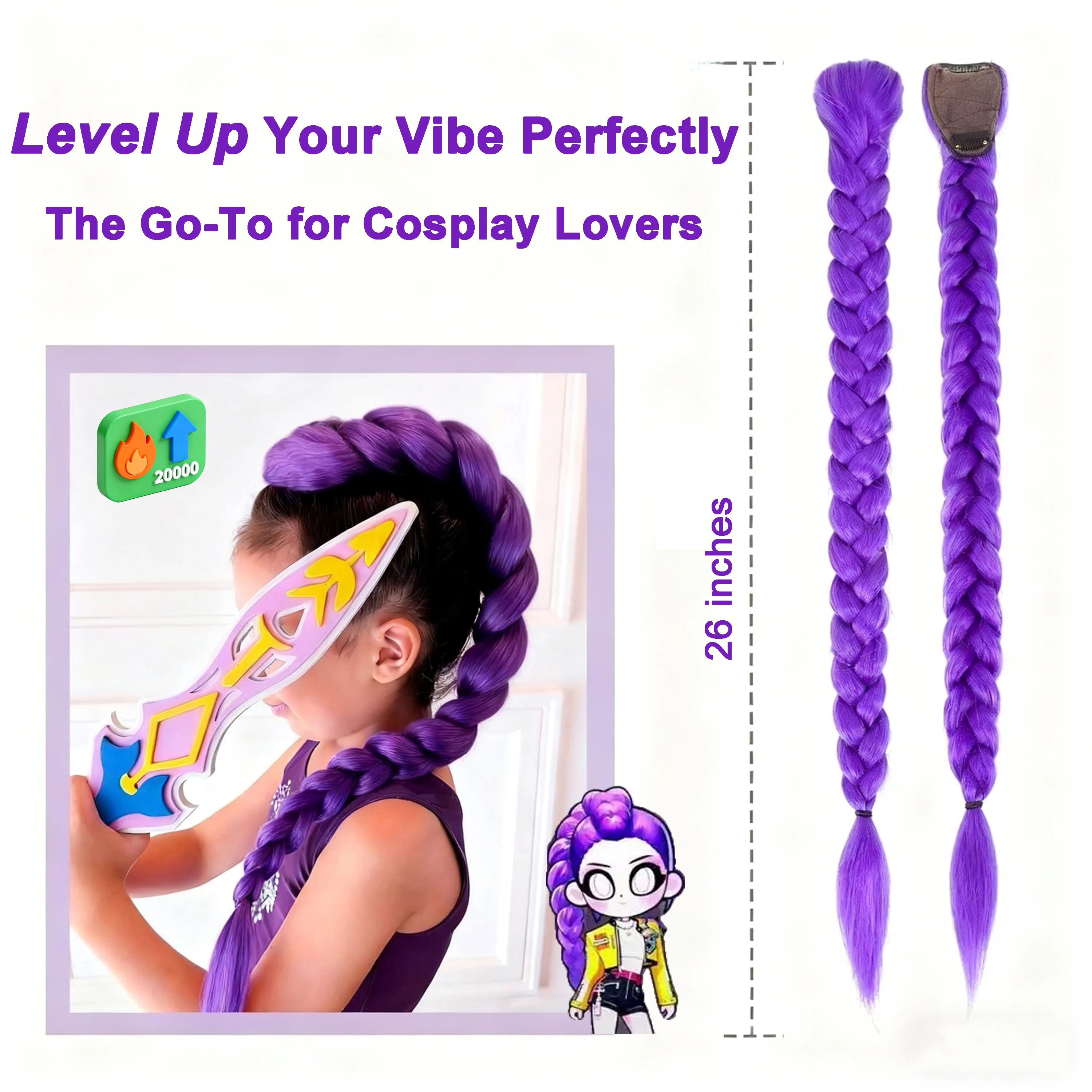 Rumi Synthetic Braids Purple Hair Ponytail Costume Hairstyle 26inch Long Ponytail with Clips for Kids Girls Halloween Christmas image 5
