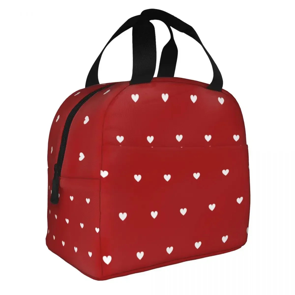 White Hearts Pattern On Red Background Lunch Bags Portable Insulated Cooler Thermal Picnic Travel Lunch Box for Women Children