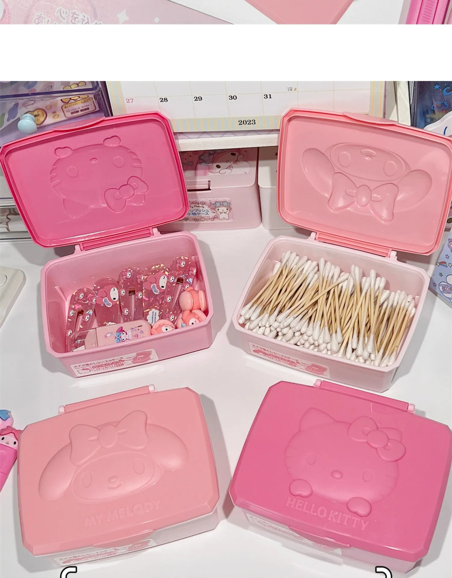 

Sanrio Hello Kitty Storage Box Anime My Melody Kawaii Cartoon Student Desktop Cotton Swab Cosmetic Jewelry Box Girls Gifts