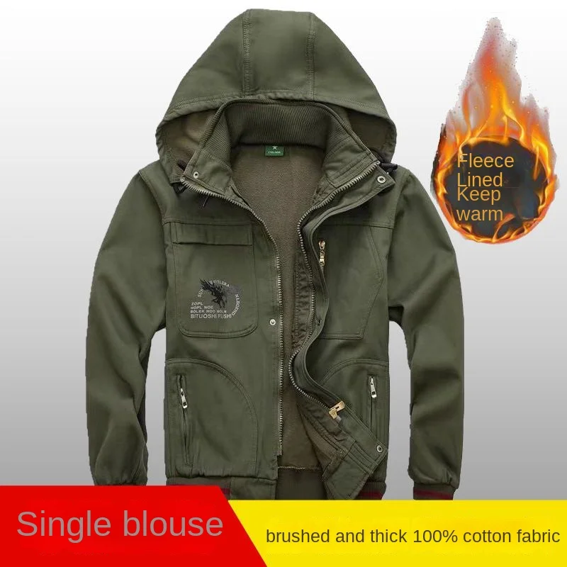 Winter 2022 Plush Top Work Clothes Men\'s Pure Cotton Thicken Windproof Wear-resistant Auto Repair Camouflage Labor Tactical Coat