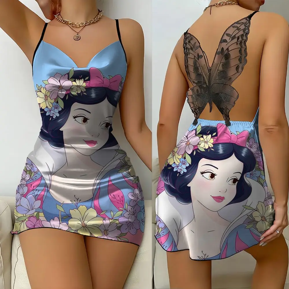 Vrouwen Disney Sneeuwwitje Print Sexy Nachthemd Satijn Vrouwen Kant Vlinder Nachtjapon Mini Nachthemd Thuis Kleding