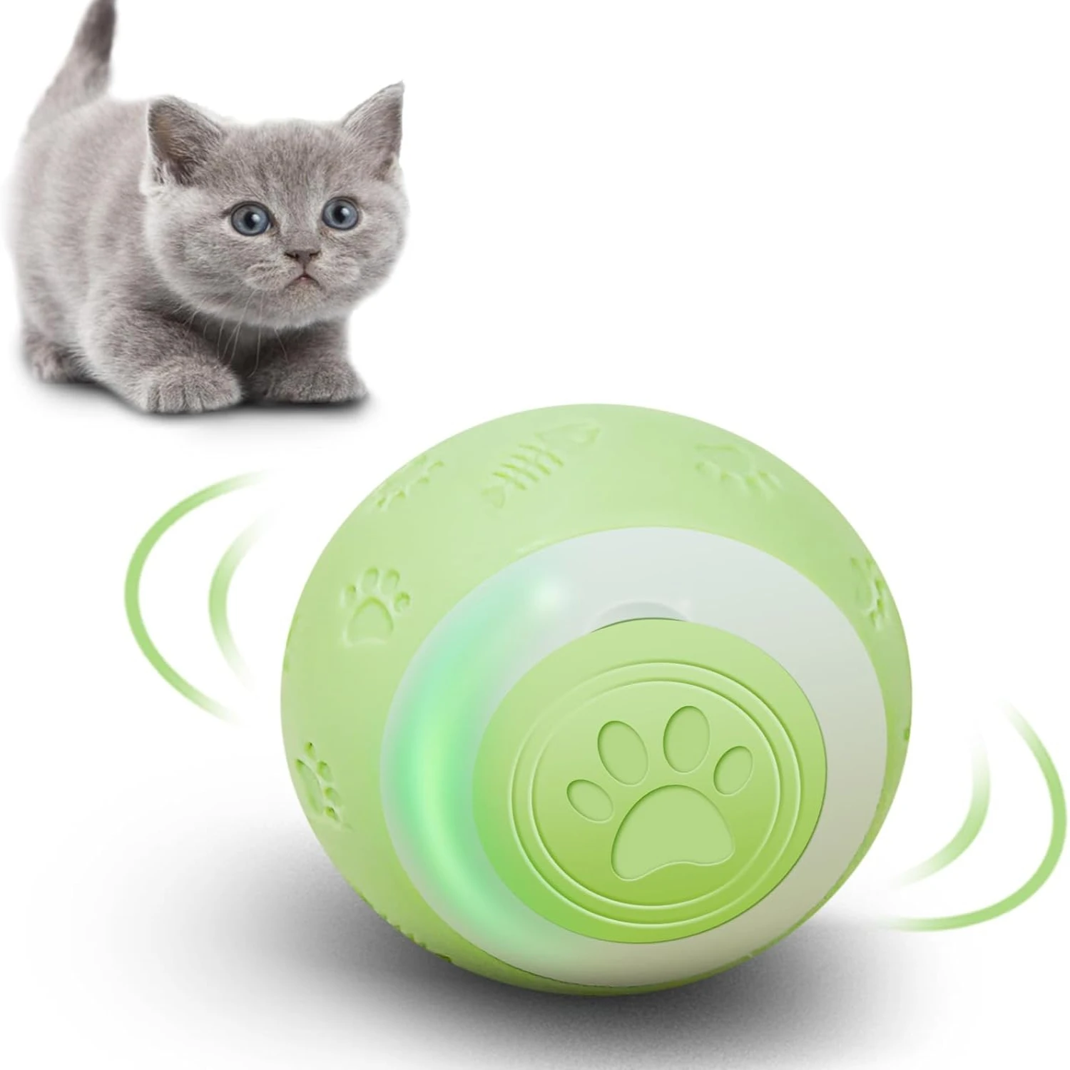 Interactive Set of 2 Smart Automatic Rolling Cat Ball Toys with Colorful Lights Design for Indoor Cats, Activates Vibrant Green