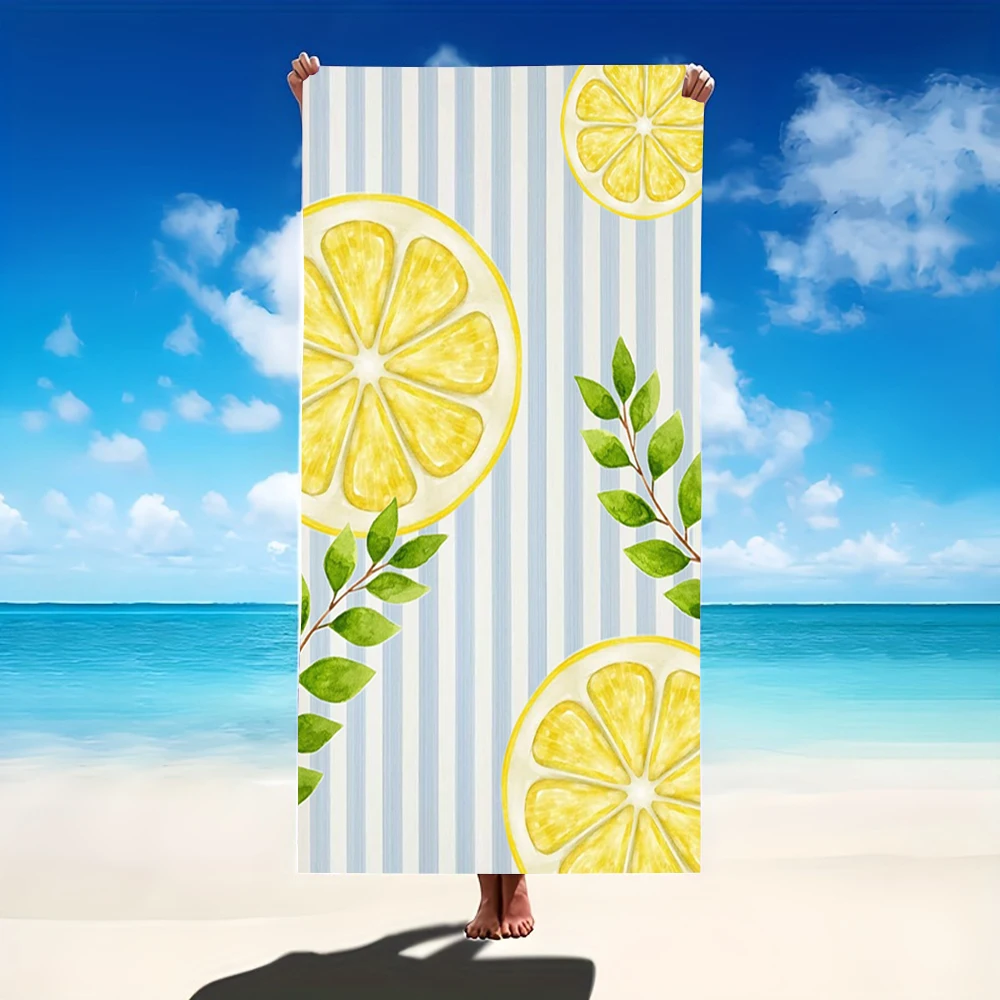 Blue Striped Lemon Slice Print Beach Towel Fresh Summer Design Towel for Men and Women Ideal for Summer Beach Trips
