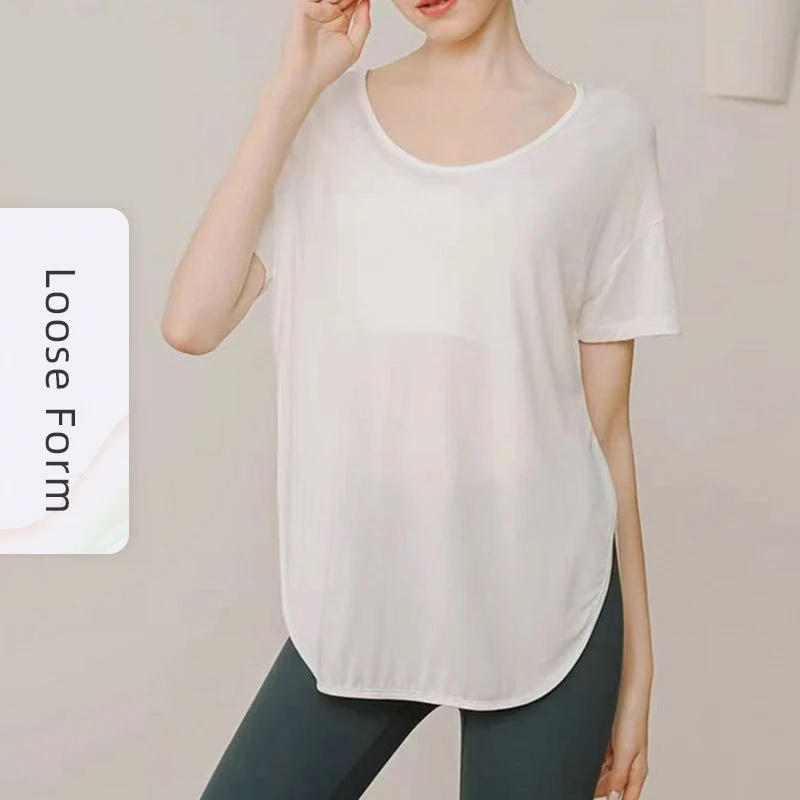 New Pure Colour Yoga Fashion Casual Smock Women's T-shirt Loose Quick Dry Breathable Sports  Running Fitness Clothes