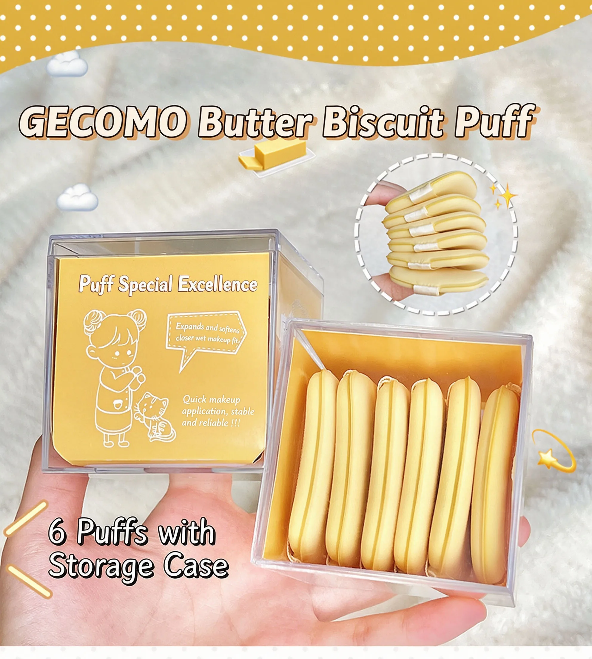 Air Cushion Puff, 6PCS Butter Biscuit Soft Foundation Puff Wet Dry Use Low Absorption with Storage Case