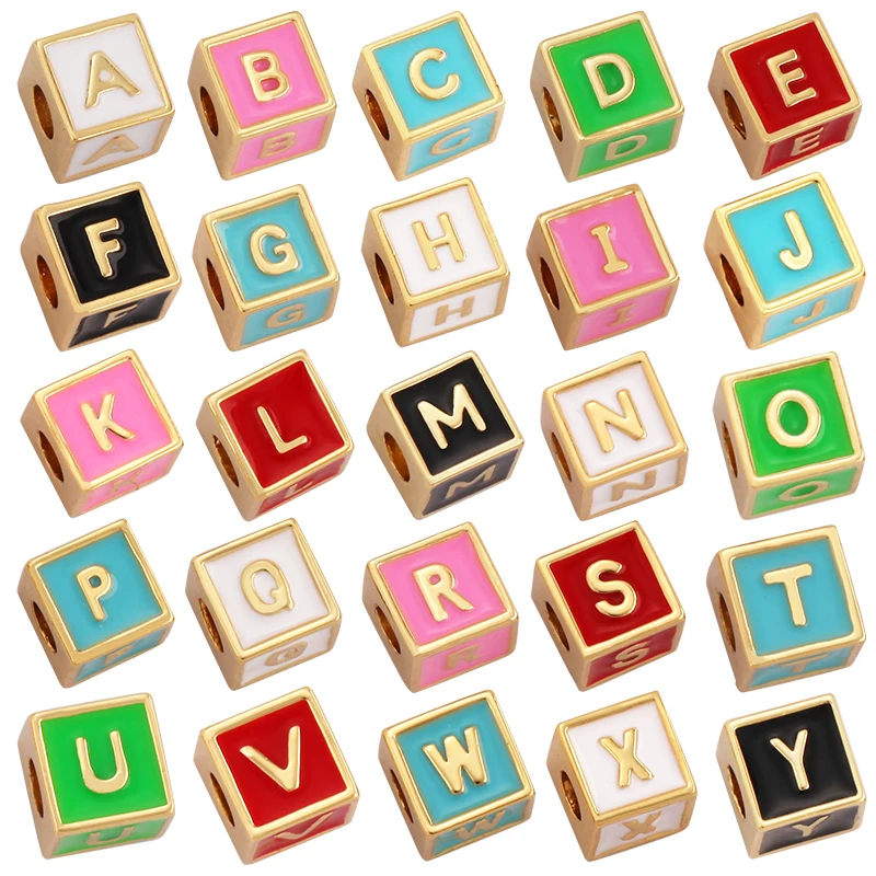 Square Cube Fashion Colorful Enamel Oil Dropped Initial Letter Name A-Z Beads,18K Gold Plated,Jewelry Necklace Findings P15