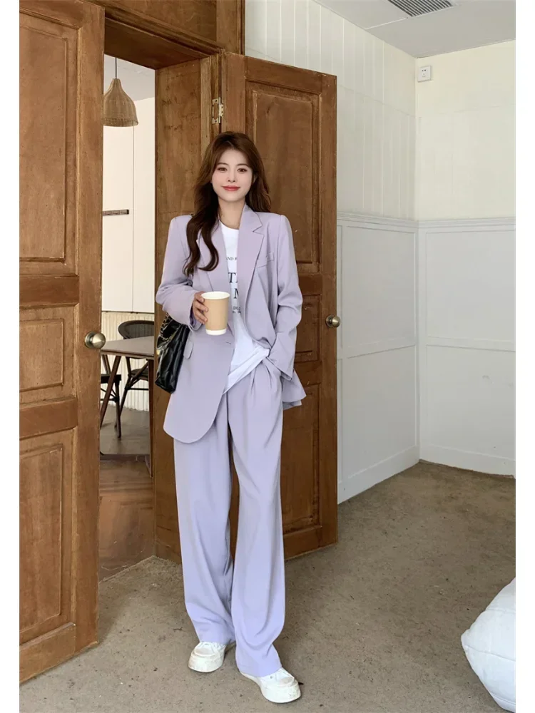 

Insozkdg Two Piece Set Womens Outifits Women Blazer Suit Long Sleeve Jacket Female Business Casual Purple Flat Trousers Pantsuit