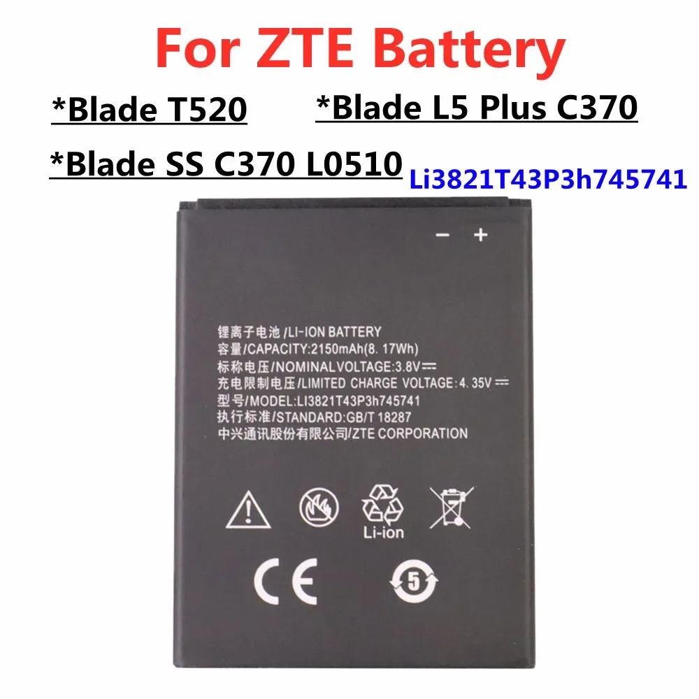 

LI3821T43P3H745741 Replacement Battery For ZTE Blade L5 Plus C370 / Blade T520 / Blade SS C370 L0510 Phone 2150mAh High Quality