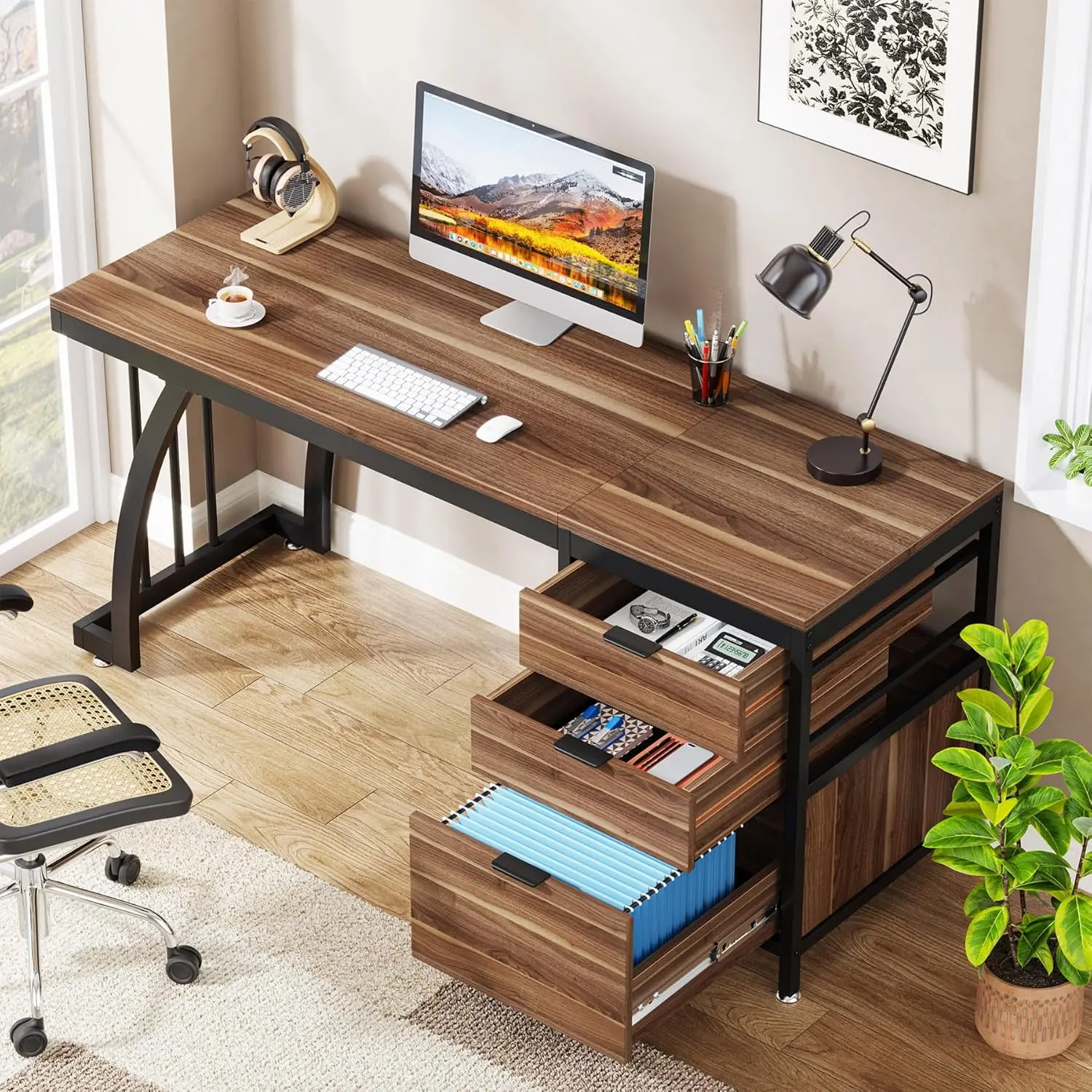 Tribesigns Computer Desk with 3 Drawers, 59-Inch PC Desk with Reversible Drawers, Industrial Study Writing Table Workstation wit