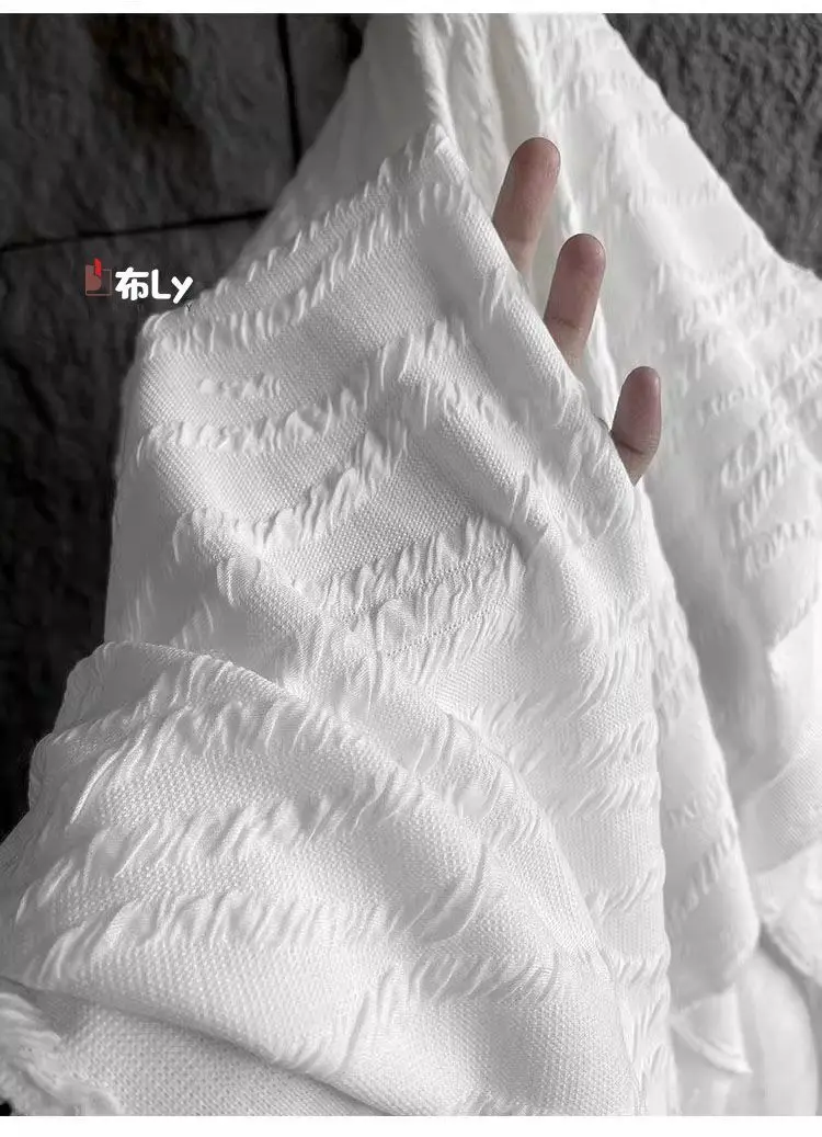 white-striped-heavy-texture-stretch-knit-fabric-irregular-jacquard-pleated-designer