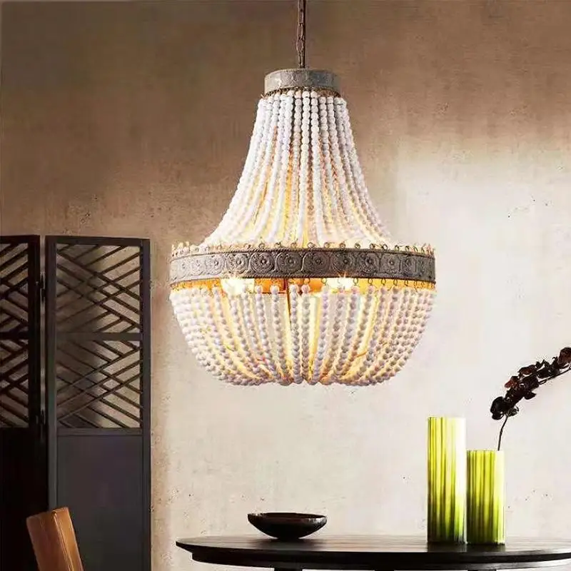 Rural Bohemian Style LED Ceiling Lights Hand Carved Wooden Beads Chandelier Living Room Bedroom Retro Decoration Hanging Lamps