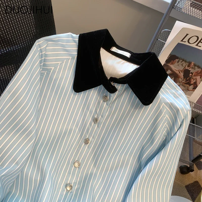 DUOJIHUI-Camisa solta listrada azul feminina, manga comprida, cor de contraste, casual, elegante, moda básica, senhora do escritório, primavera