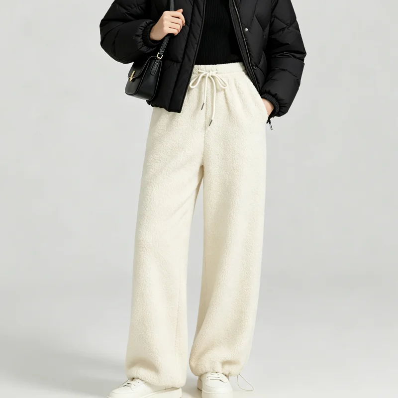 Women Teddy Fleece Pants High Waist Drawstring Wide Leg Trousers Solid Beige Cuffed Hem Loose Fit Winter Casual Loungewear