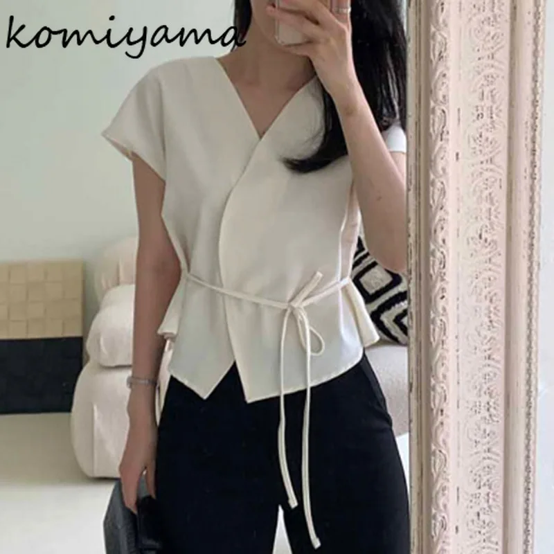 

Lace-up Ptunic Shirts & Blouses 2025 Woman Blusas V-neck Ropa Mujer Single Breasted Camisas Summer New Solid Colora Roupas