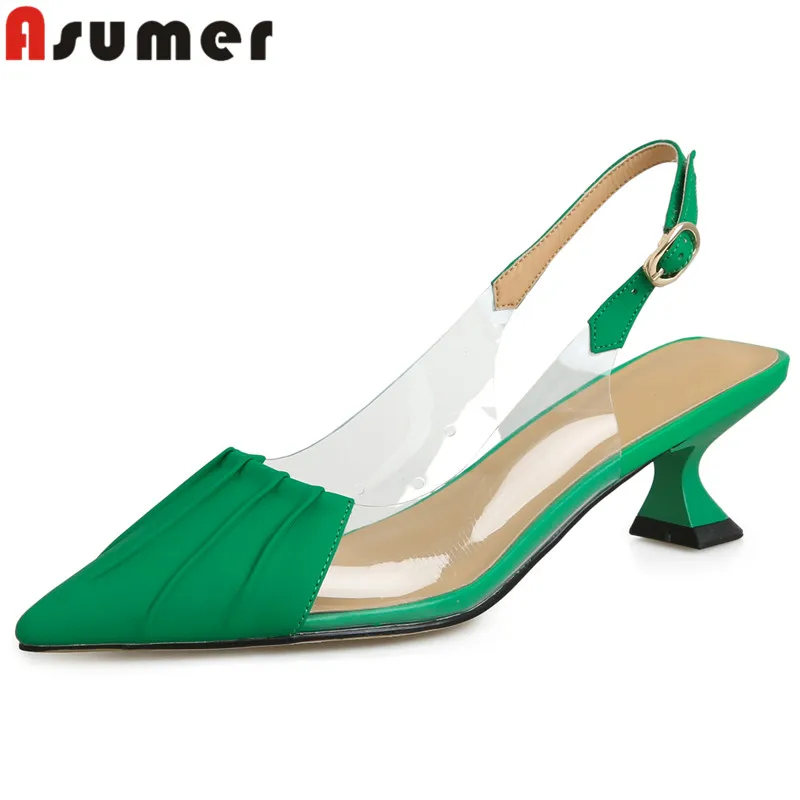 

ASUMER 2024 New Back Strap Genuine Leather Dress Sandals Buckle Med Heels Sandals Ladies Slingbacks Summer Shoes