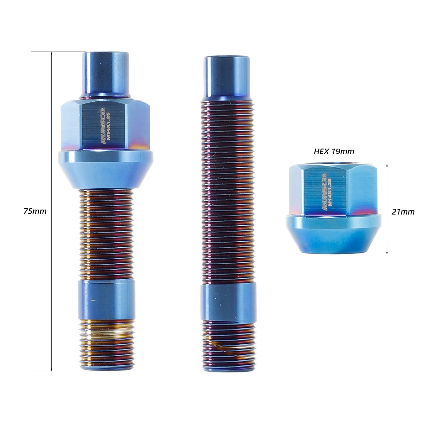 M14x1.25/M14x1.5 Titanium Alloy 75mm Wheel Stud Conversion Kit with 19mm Open End Hex Nuts (Set of 10) For BMW