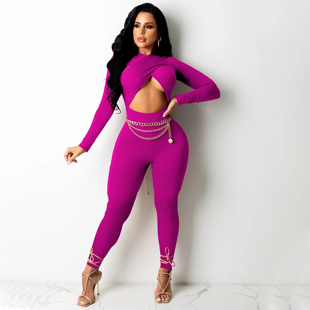 Sexy Women\'s Cross Strap Hollow out Jumpsuit Elegant Party High Waisted Jumpsuit Stretchy Bodysuits Long Sleeve Rompers