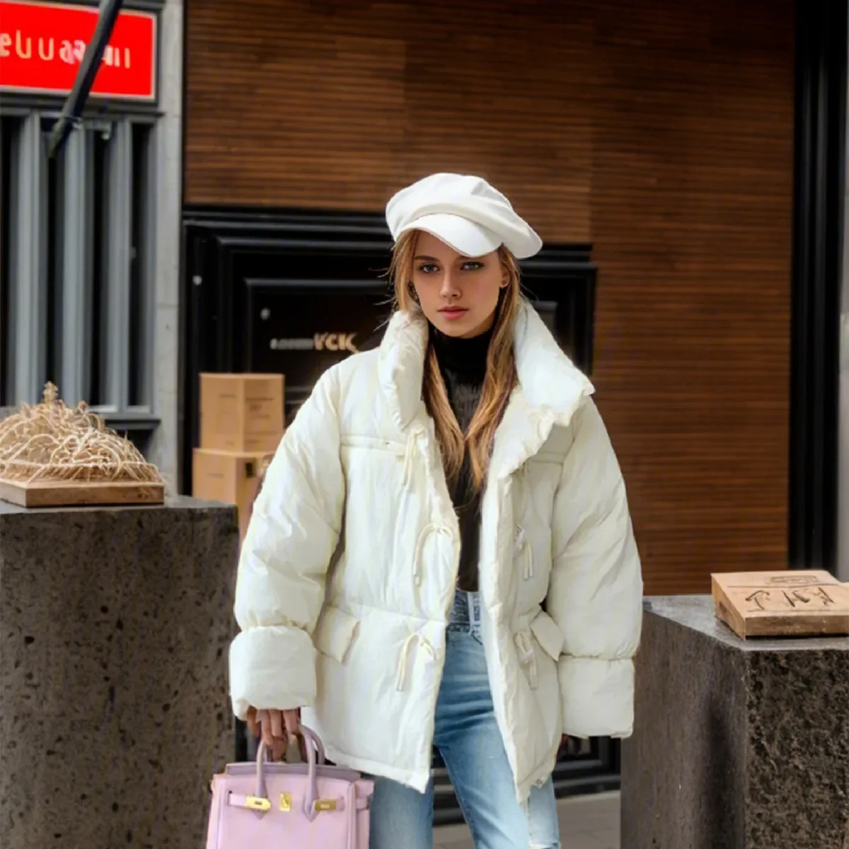 2025 ขนาดใหญ่Lapel Pureสีสั้นเสื้อฝ้ายใหม่Thicken Warm Parkas CoatsหญิงHornปุ่มลําลองหลวมเสื้อสําหรับสตรี