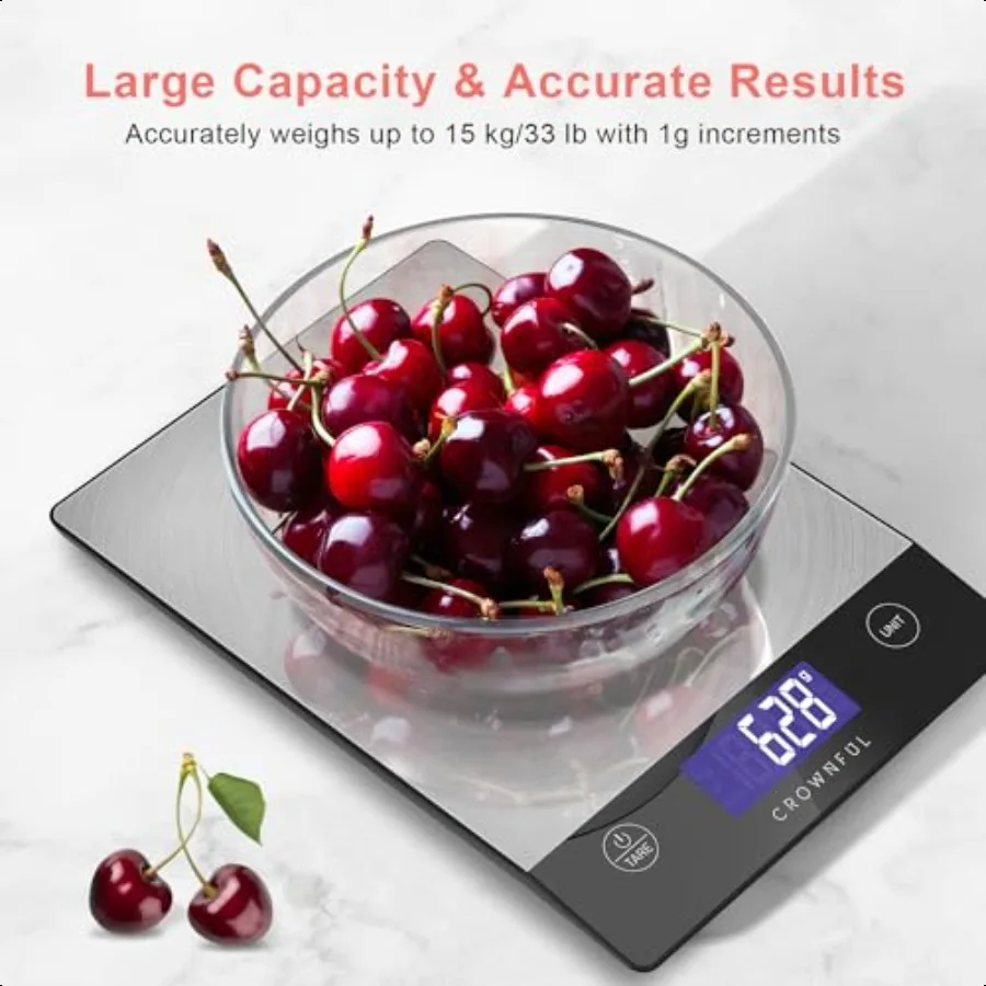 Food Scale Rechargeable 304 Stainl Steel Digital Kitchen Scale Upto 33lb Weight Grams and Ounces with LCD Display and TypeC Cha