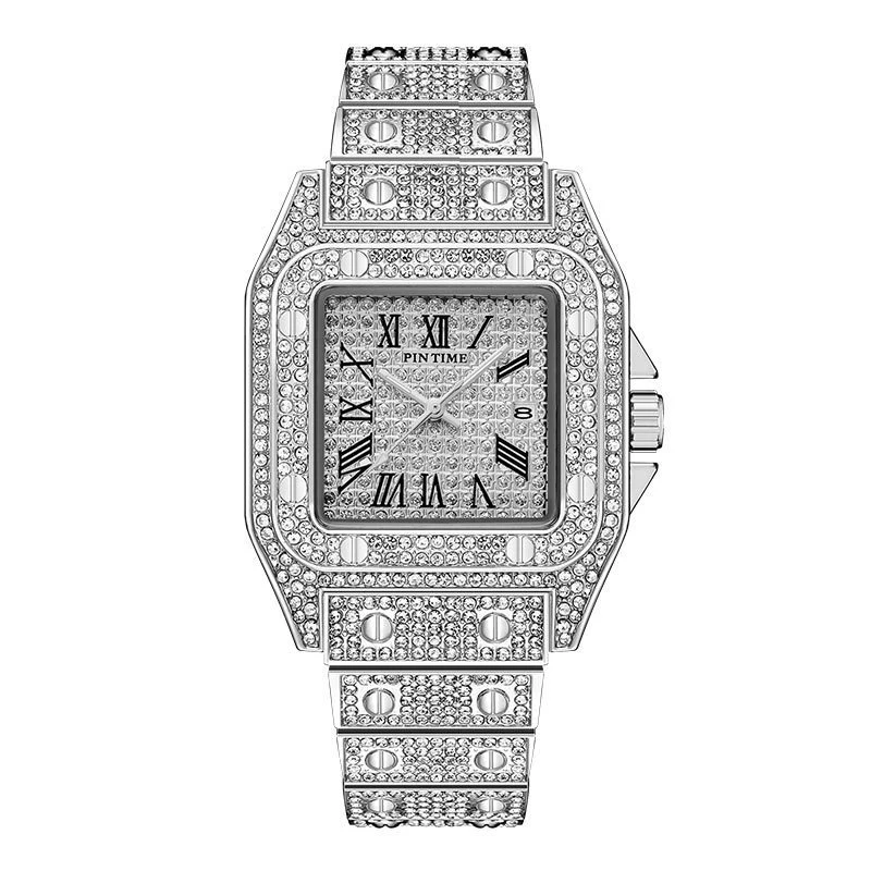 PINTIME Women Watches Iced Out Diamond Quartz Wristwatch Waterproof Square Case Luxury Dial Metal Strap Calendar Hip Hop Relogio