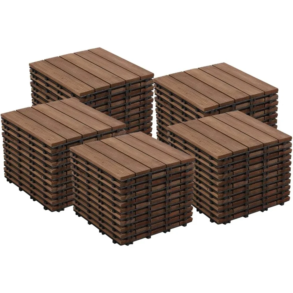 55pcs Patio Deck Tiles Interlocking Wood Composite Deck Wooden Flooring Deck Tiles 12 x 12in Fir Wood Indoor&Outdoor