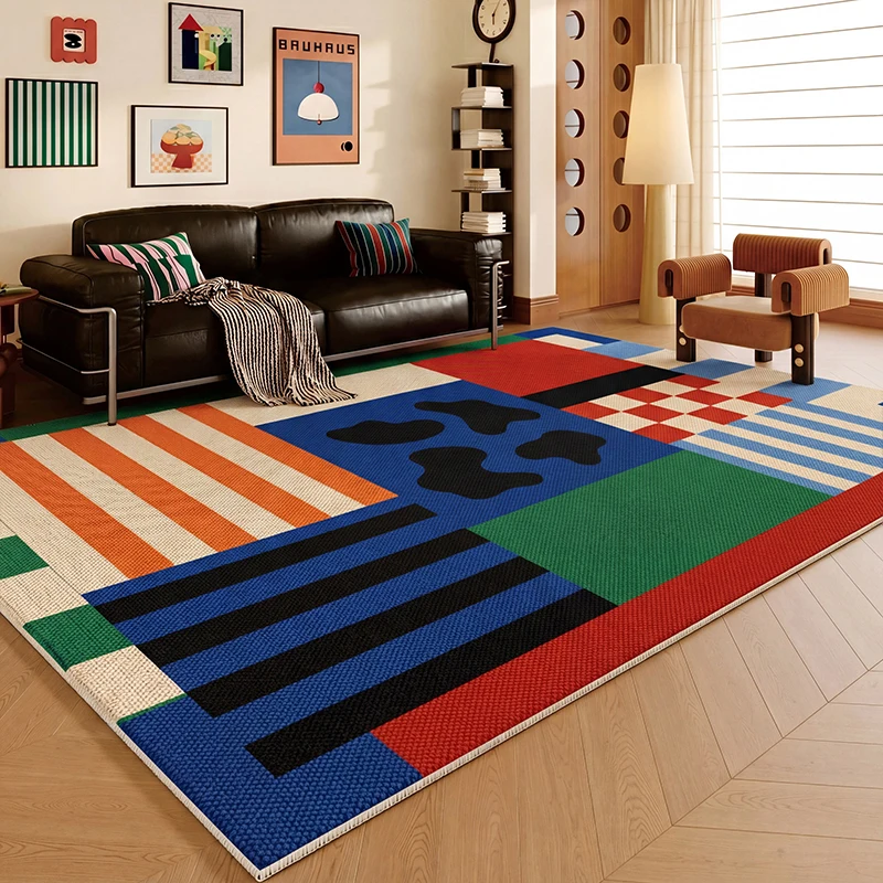 Living Room Rug Comfortable Loop Pile TPR Carpet  Anti-slip Stain-resistant Floor Mat Retro Style Irregular Color Block Carpets