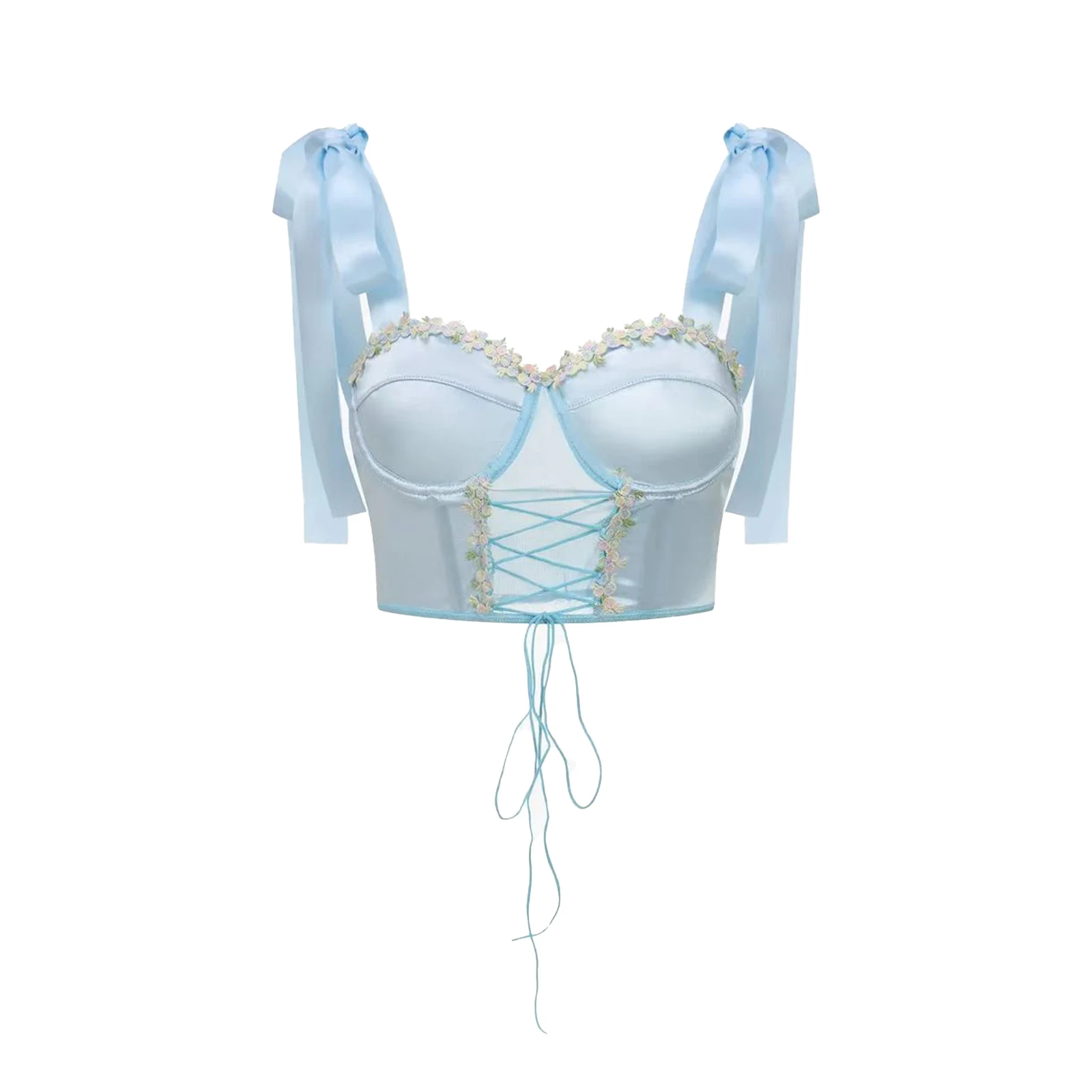

Women Shaper Ladies Summer Crop Tops Floral Embroidery Satin Camisole Self-Tie Shoulder Straps Sheer Mesh Patchwork Bustier
