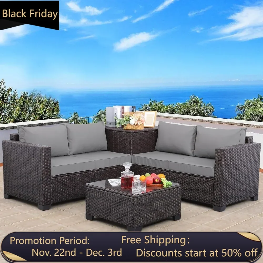 Outdoor wicker terrace furniture set of 4 pieces, black rattan combination dialogue set, storage box, glass countertop table