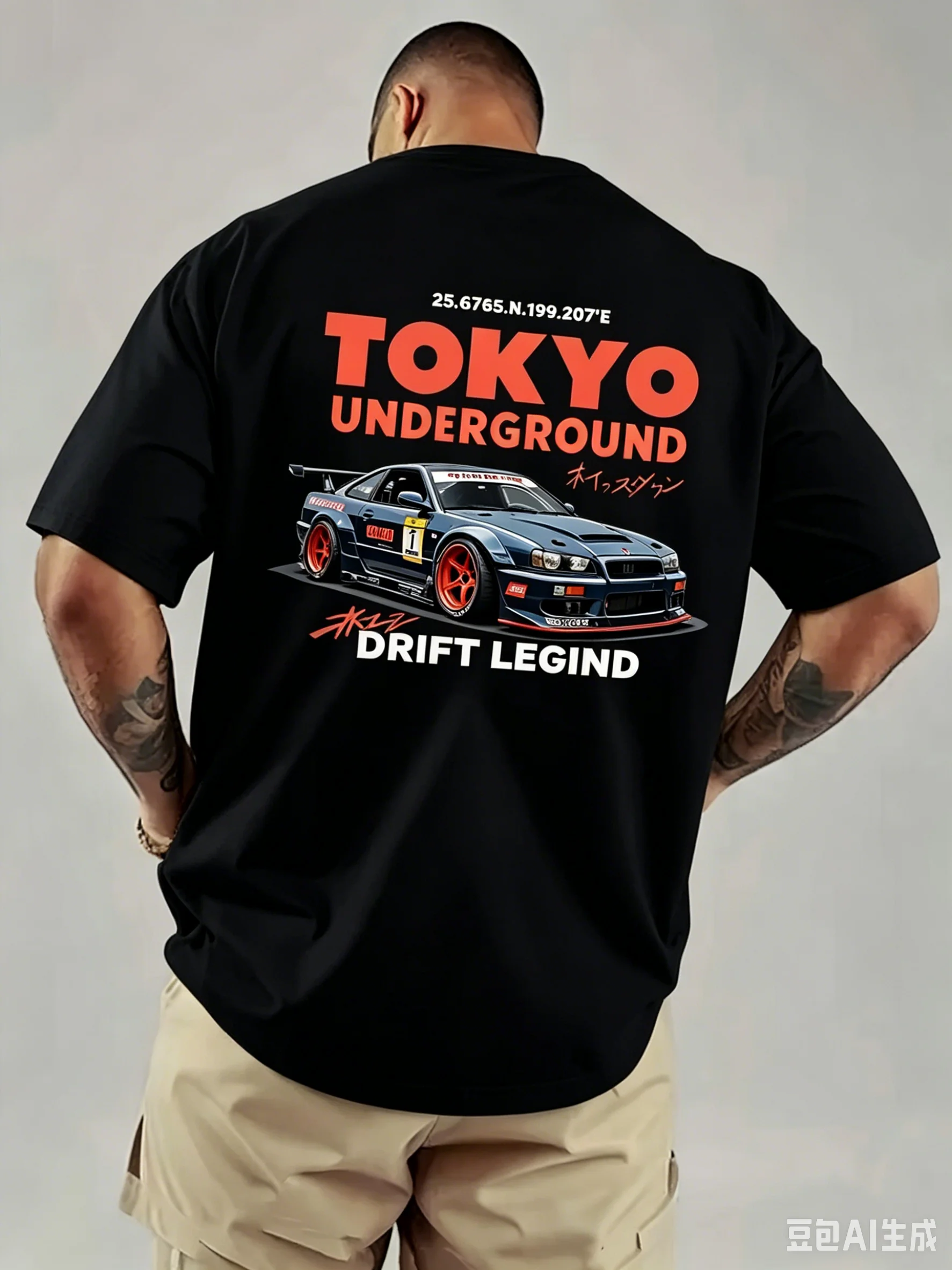 Herren Lockeres 100% Baumwoll-T-Shirt mit Tokyo Drift Racing Aufdruck, Geeignet für Sommer Casual Street Style Mode Kurzarm