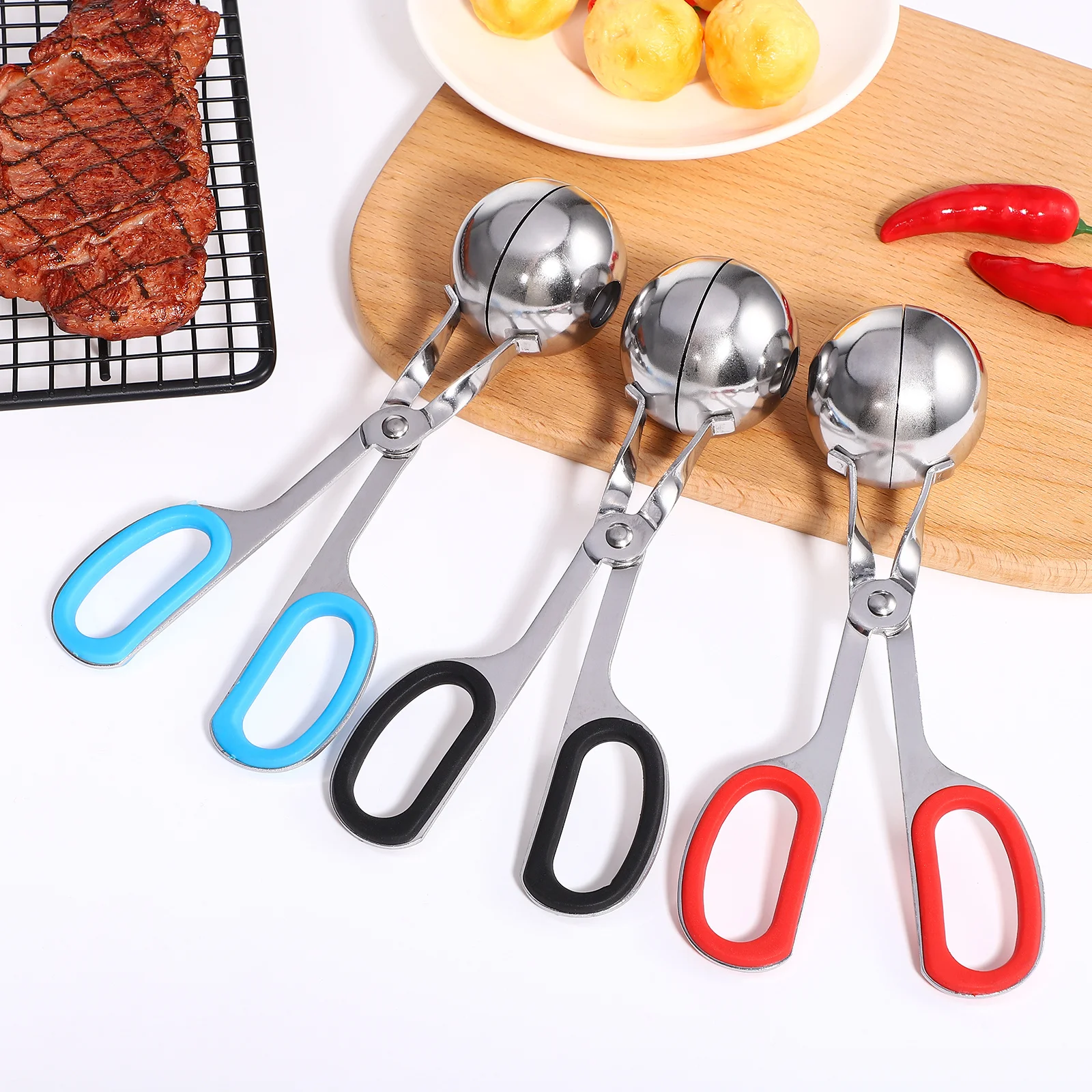 

3Pcs Meatball Scoop Ball Maker Stainless Steel Dough Biscuit Cookie Portion Tool Kitchen Essential Meat Baller Tongs