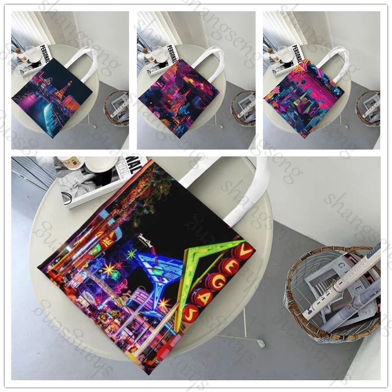 

Neon Las Vegas Strip Tote bag fashion shoulder bag canvas handheld folding bags women's casual large capacity shopping bag