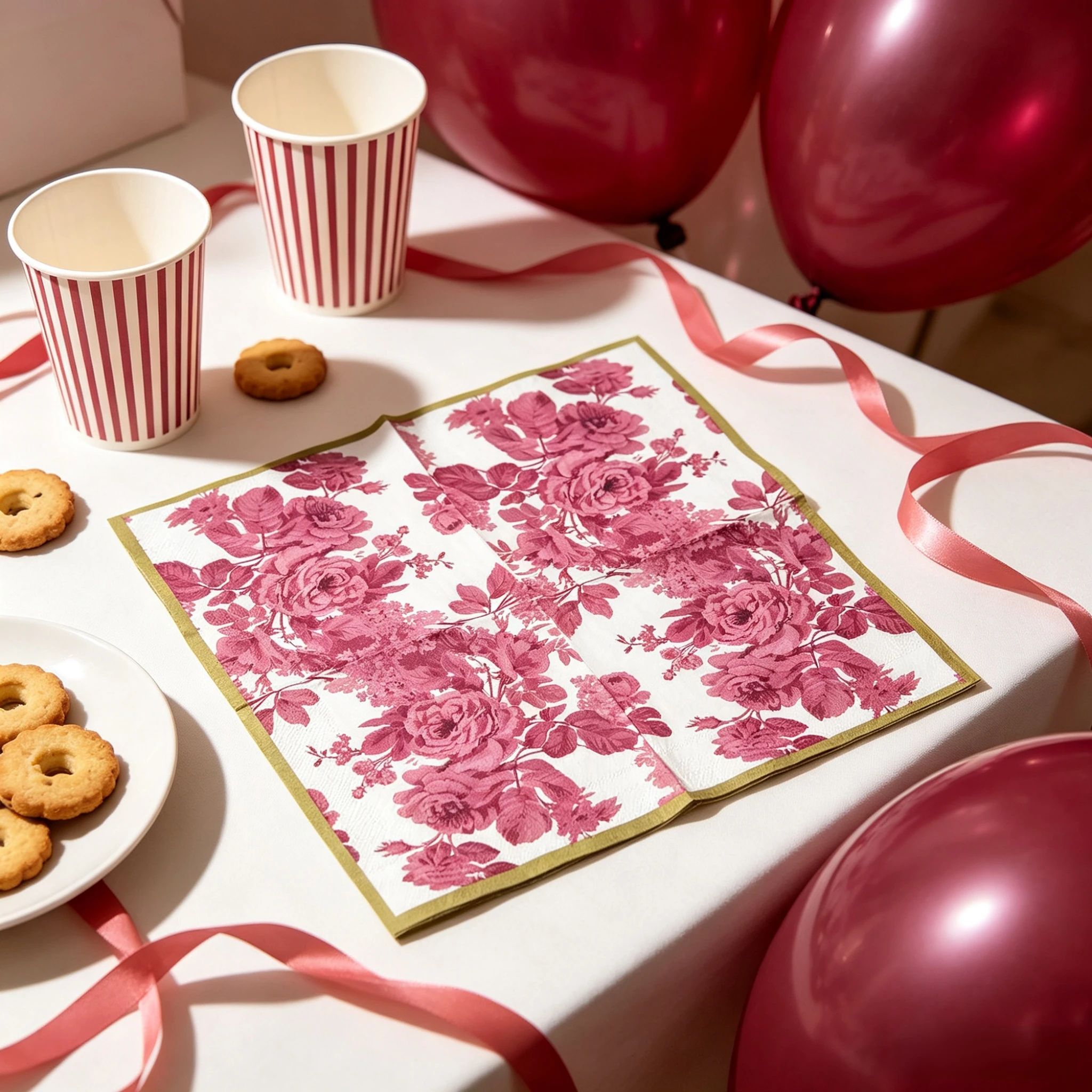 20 Count Gold Foil Burgundy Rose Printed Paper Napkins, Table Decors For Weddings, Bridal Showers & Afternoon Tea Parties