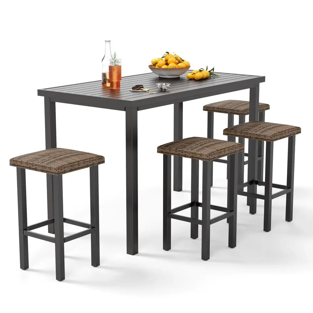 

5 Piece Patio Bar Set, Black Wood Grain Metal Bar Table amp 4 Wicker High Bar Stools, Bar Height Outdoor Dining Set for Porch,
