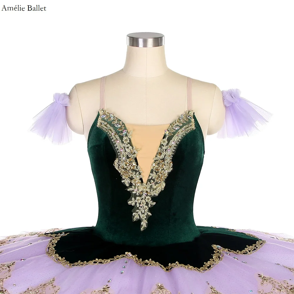 BLL499-Tutu de ballet pré-professionnel pour filles et femmes, corsage en velours vert, olympiques de performance sur scène, jupe en tulle violet