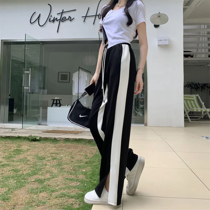 Black Straight Pants for Women's Spring Summer New Elastic Waist Contrast Loose Split Wide Leg Pants Casual Fashion Clothing