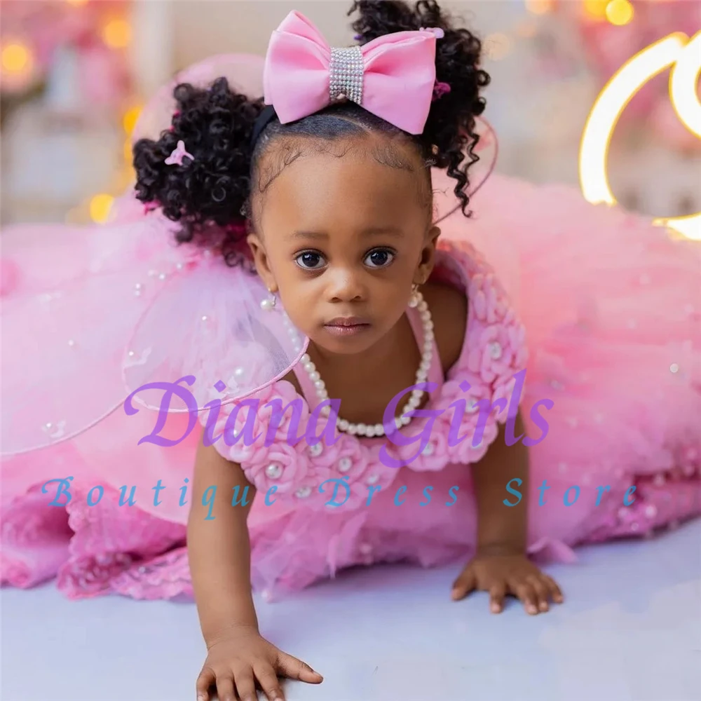 Lovely Flower Girl Dresses Custom Baby Dress Birthday Party Off Shoulder Pearls Lace Butterflies Infant First Communion Gowns